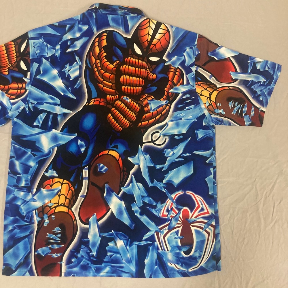 Vintage 2001 Marvel Comics Spider-Man Button Down Shirt XL Blue Shattered Glass - Picture 12 of 13